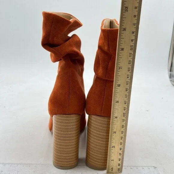 YDN Brown Pull on Chunky Heel Slouch Ankle Boots Round Toe Stacked Retro Shoes - Picture 5 of 8